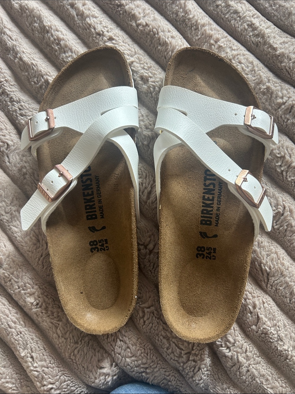 Birkenstock White Mayari Sandals with Rose Gold Buckles